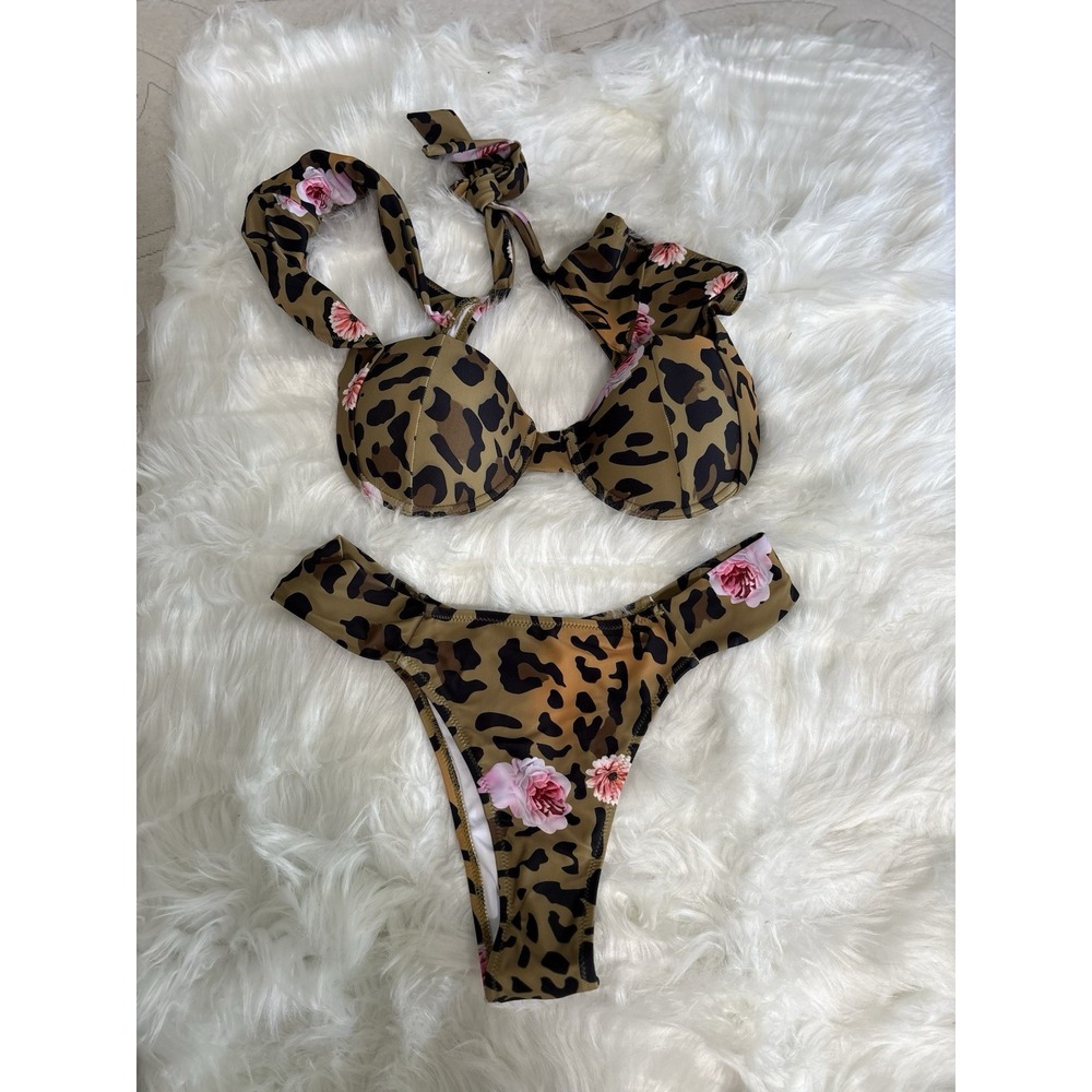 Peddney Women's Cheetah Print Floral 2 Piece Swim Suit Bikini Sz Small New